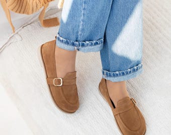 Barefoot Loafers Women in Soft Suede, Natural Foot Shape Flats, Zero Drop Wide Toe Slip-On Shoes