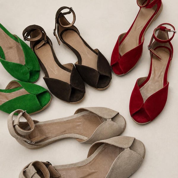 Suede D'Orsay Butterfly Sandals Women, Ankle Strap Peep Toe Flats, Handmade Summer Shoes in 5 Colors, Elegant Open Toe Footwear