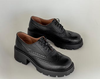 Black Leather Platform Oxfords Women, Office Power Dressing Shoes, Anatomical Block Heel Brogues, Handmade Boardroom Footwear