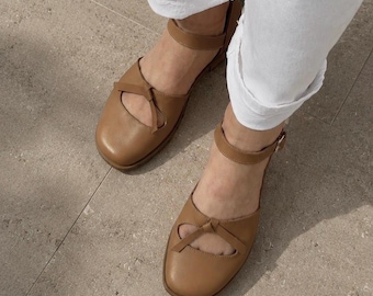 Brown Leather Mary Jane Shoes Women, Closed Toe Casual Footwear, Comfortable Walking Flats, Anatomical Design