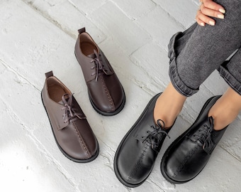 Barefoot Derby Shoes Women, Minimalist Wide Toe Box Black Leather Oxfords, Zero Drop Dress Shoes Handcrafted