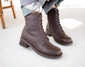 Anatomical Leather Boots Women, Lace Up Zipper Winter Boots, Fleece Lined Warm Comfort Boots, Handmade Autumn Ankle Boots
