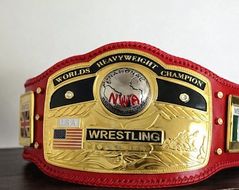 NWA World Heavyweight Championship Belt: Hand Tooled Leather, Gold Finish, Adult Size