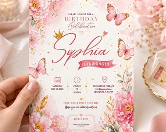 Editable Pink Butterfly Birthday Invitation, Floral Princess Girl Party Invite, Garden Birthday Template, Printable Digital Download, Canva!