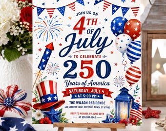4th of July Invitation, 250 Years of America Party Invite, Patriotic BBQ Birthday, Printable Digital Template,
