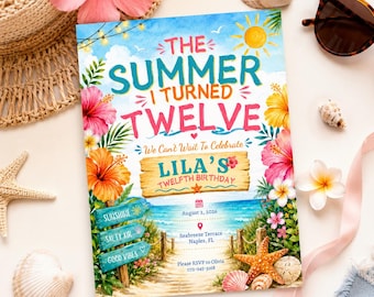 Summer Birthday Invitation Template, Beach Tropical Pool Party Invite, The Summer I Turned Twelve, Editable Digital Download, 12th Girl Bash