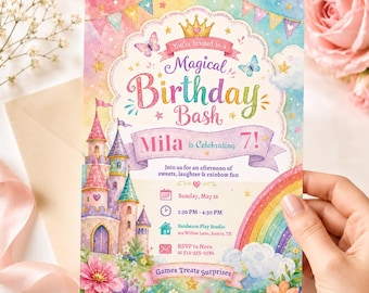 Rainbow Princess Birthday Invitation Magical 7th Birthday Party Editable Canva Template Invite Printable Digital Download Pastel Party Age 7