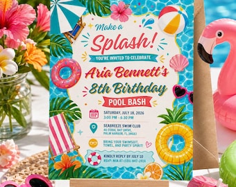 Pool Party Birthday Invitation Template, Summer Splash Swim Party Invite, Editable Printable Digital Birthday Pool Bash Invite for Girls 8th