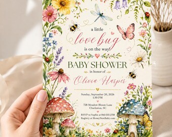 Love Bug Baby Shower Invitation Girl Garden Floral Butterfly Bumble Bee Woodland Printable Digital Invite Editable Template
