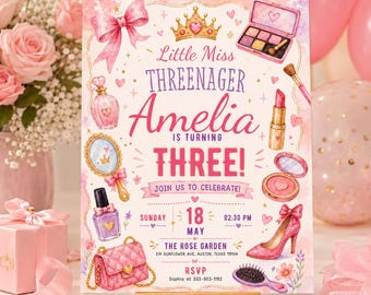 Little Miss Threenager Birthday Invitation, Princess Makeup Three Invite, Pink Girly 3rd Birthday Canva Editable Template, Digital Printable