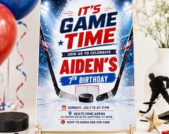 Ice Hockey Birthday Invitation, Game Time Sports Party Invite, Editable Hockey Birthday Digital Download, Kids Printable Canva Template Boys