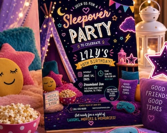 Sleepover Birthday Invitation, Pajama Party Invite, Girls Slumber Party Printable, Neon Movie Night Digital Invites, Editable Canva Template