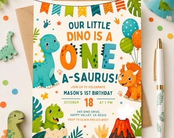 One A Saurus Birthday Invitation, Dinosaur 1st Birthday Invite, Editable Dino Party Template, Printable Digital Download Card For Boys Party