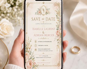Blush Floral Save the Date Invitation, Elegant Wedding Invite Template, Vintage Botanical Printable, Editable Digital Wedding Card DIY Canva