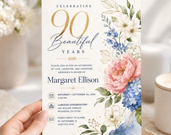 90th Birthday Invitation, 90 Beautiful Years Floral Printable Birthday Invite, Elegant Navy Gold Adult Milestone Party Digital Card Template