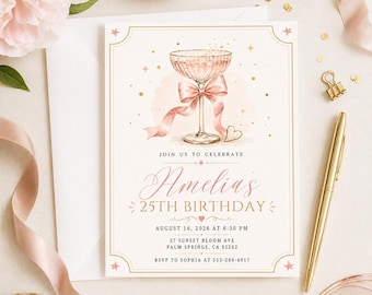 Blush Champagne 25th Birthday Invitation, Editable Cocktail Party Invite, Elegant Pink Bow Printable Digital Download Template for Women