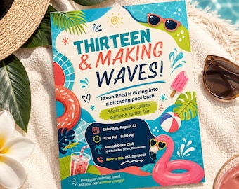Teen Pool Party Invitation, 13th Birthday Digital Invite, Summer Pool Bash, Editable Canva Template, Thirteen Making Waves, Printable Invite