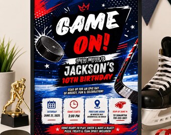 Hockey Birthday Invitation, Game On Party Invite, Sports Printable Digital Template, Boy 10th Birthday, Hockey Puck Party Card Editable PDFs