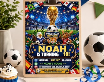 Soccer World Cup Birthday Invitation, 10th Birthday Soccer Party Invite, Printable Digital Football Trophy Editable Canva Template for Kids!