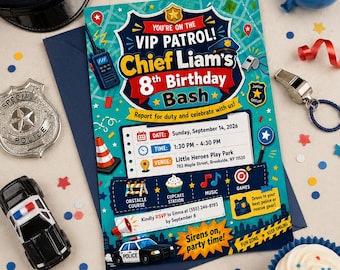 Police Birthday Invitation, VIP Patrol Party, Boy Cop Birthday Invite, Chief Badge Printable, Police Car Digital Invite Template, Kids Party