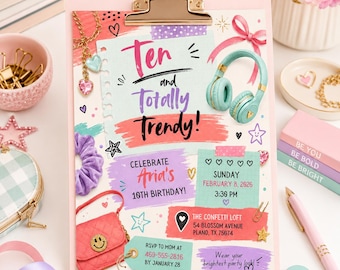 10th Birthday Invitation, Ten and Totally Trendy Party Invite, Tween Girl Fashion Theme, Editable Canva Template, Printable Invite for Tween