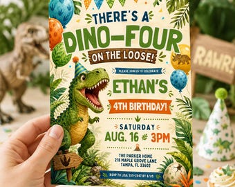 Dinosaur Birthday Invitation, Dino Four On The Loose, 4th Birthday Invite, T Rex Party, Printable Digital Template, Boy Birthday, Canva Edit