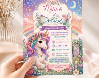 Unicorn Birthday Invitation Editable Canva, Magical Rainbow Garden Party Invite, Printable Girl 7th Birthday Digital Template, Pastel Invite