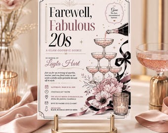 Farewell Fabulous 20s Invitation, Glam Goodbye Soiree Invite, Champagne Tower Birthday Canva Template, Editable Digital, Printable Party DIY