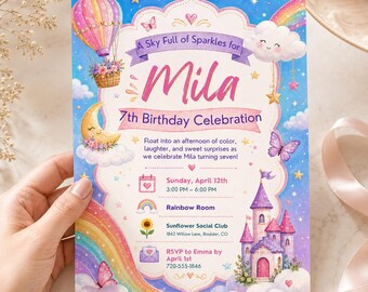 Rainbow 7th Birthday Invitation Girl, Editable Digital Invite, Pink Fairy Castle Party, Sky Cloud Printable Canva Template,