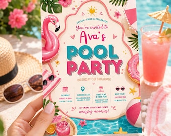 Pink Pool Party Birthday Invitation, Tropical Flamingo Summer Swim Party Invite, Editable Canva Template for Girl 8th Birthday Bash Download