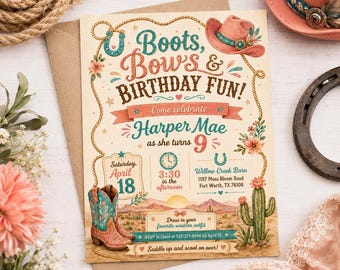 Western Cowgirl Birthday Invitation Template, Boots and Bows Party Invite, Editable Canva Girls Rodeo Desert Printable Digital Card 9th Bday