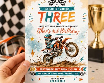 Motocross Birthday Invitation, Dirt Bike 3rd Birthday Invite, Editable Printable Racing Party Template, Checkered Flag,