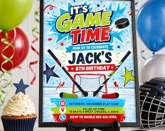 Hockey Birthday Invitation Editable Canva Template, It's Game Time Party Invite, Boys Ice Hockey Party Evite, Printable Digital Download