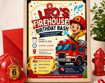 Firefighter Birthday Invitation Template, Fire Truck Party Invite, Editable Boys Fireman Birthday, Printable Rescue Bash Invite, Fire Theme!