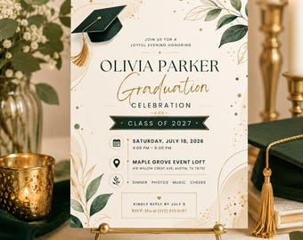 Green Gold Graduation Invitation Template, Editable Canva Grad Party Invite, Botanical Class of 2027 Printable Digital Download for Her, 5x7