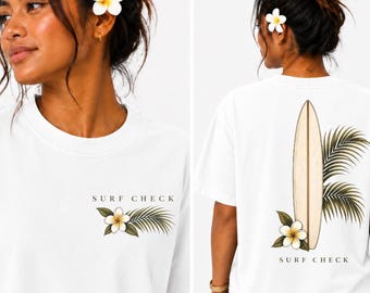 Comfort Colors® 1717 Surfboard Shirt, Tropical Beach Tee, Hawaii Shirt, Plumeria Shirt, Palm Leaf Tee, Surfing Gift, Coastal Shirt