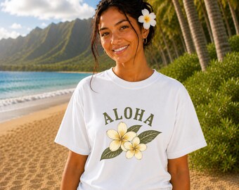 Comfort Colors® Aloha Plumeria Shirt, Hawaiian Flower Tee, Tropical Floral Shirt, Hawaii Vacation Tee, Botanical Graphic Tee