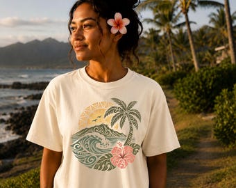 Tropical Hibiscus Shirt, Hawaiian Sunset Tee, Palm Tree Wave Shirt, Beach Vacation Tee, Island Surf Shirt, Summer Graphic Tee, Tribal Tee