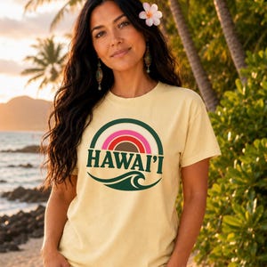 Hawaii Retro Rainbow Wave Shirt, Aloha Vintage Surf Tee, Tropical Beach Shirt, Island Graphic Tee, Summer Vacation Gift image 1