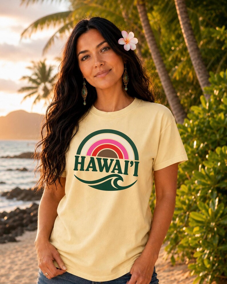Hawaii Retro Rainbow Wave Shirt, Aloha Vintage Surf Tee, Tropical Beach Shirt, Island Graphic Tee, Summer Vacation Gift image 1