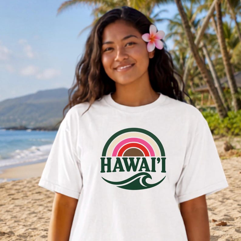 Hawaii Retro Rainbow Wave Shirt, Aloha Vintage Surf Tee, Tropical Beach Shirt, Island Graphic Tee, Summer Vacation Gift image 4