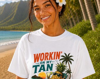 Workin’ On My Tan Shirt, Funny Beach Shirt, Tropical Pineapple Tee, Summer Vacation Shirt, Beach Graphic Tee, Coastal Gift
