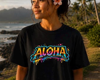 Aloha Graffiti Shirt, Hawaiian Graphic Tee, Streetwear Aloha Tee, Tropical Beach Shirt, Summer Vacation Tee, Island Style Gift