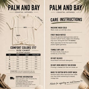 May include: A beige t-shirt displayed with a size chart for Comfort Colors 1717, showing width, length, and sleeve length in inches. The image includes care instructions, noting to machine wash cold, tumble dry low, and do not bleach.