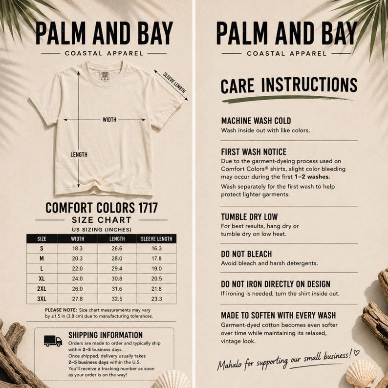 May include: A beige t-shirt displayed with a size chart for Comfort Colors 1717, showing width, length, and sleeve length in inches. The image includes care instructions, noting to machine wash cold, tumble dry low, and do not bleach.