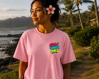 Good Vibes Only Shirt, Retro Beach Tee, Colorful Chest Graphic Shirt, Summer Vacation Tee, Coastal Aloha Shirt, Unisex Tee
