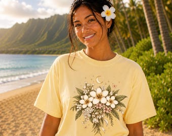 Comfort Colors® Plumeria Floral Bouquet Shirt, Hawaiian Frangipani Tee, Tropical Botanical Moon Shirt, Island Flower Graphic Tee