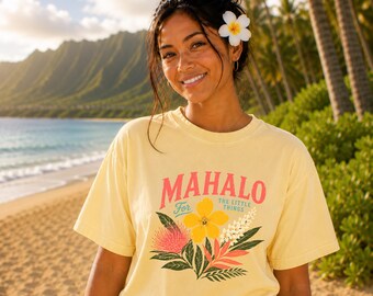Comfort Colors® Mahalo Hawaii Shirt, Tropical Floral Tee, Hawaiian Flower Shirt, Aloha Vacation Tee, Beach Graphic Shirt