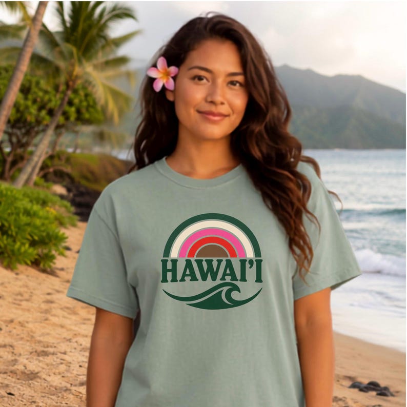 Hawaii Retro Rainbow Wave Shirt, Aloha Vintage Surf Tee, Tropical Beach Shirt, Island Graphic Tee, Summer Vacation Gift image 3