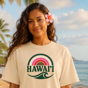 Hawaii Retro Rainbow Wave Shirt, Aloha Vintage Surf Tee, Tropical Beach Shirt, Island Graphic Tee, Summer Vacation Gift image 5